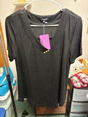 Women's Black V-Neck Short Sleeve Tee with Button Accent